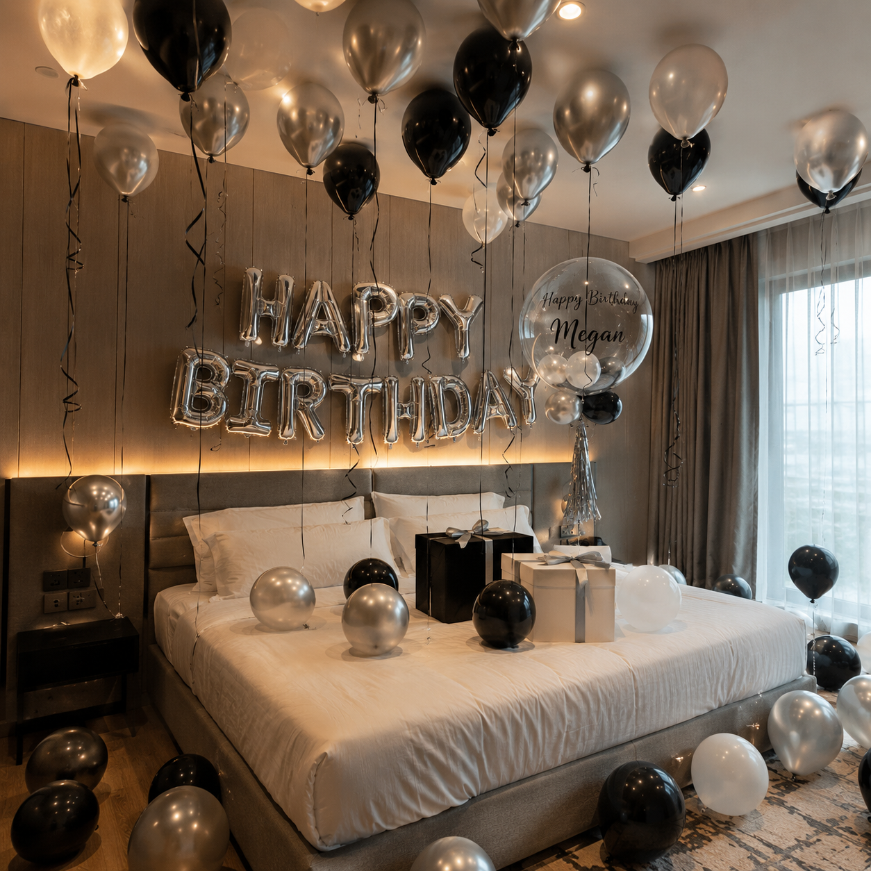 Donovan birthday balloon decoration package with black silver white balloons and personalised bubble balloon