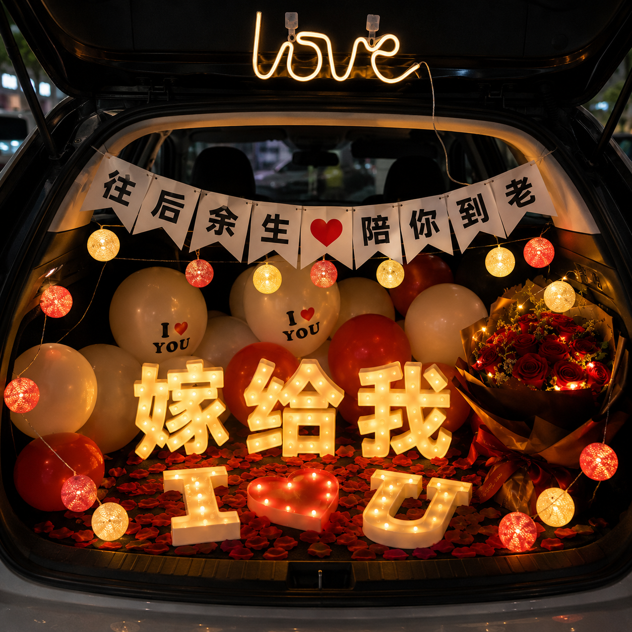 Romantic car boot surprise decoration with illuminated marquee letters, fairy lights, personalized banner, balloons, rose petals and a bouquet of red roses.