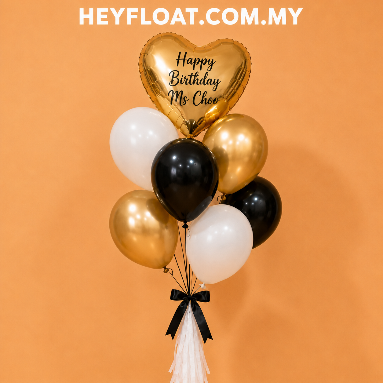 Eclipse Personalised Gold Black and Pearl White Birthday Balloon Bunch Malaysia