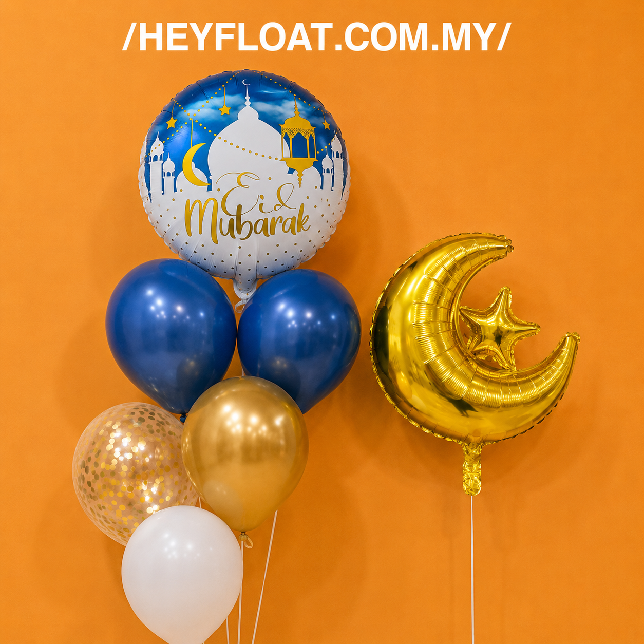 Eid Mubarak Hari Raya balloon bunch with gold crescent and royal blue balloons Malaysia