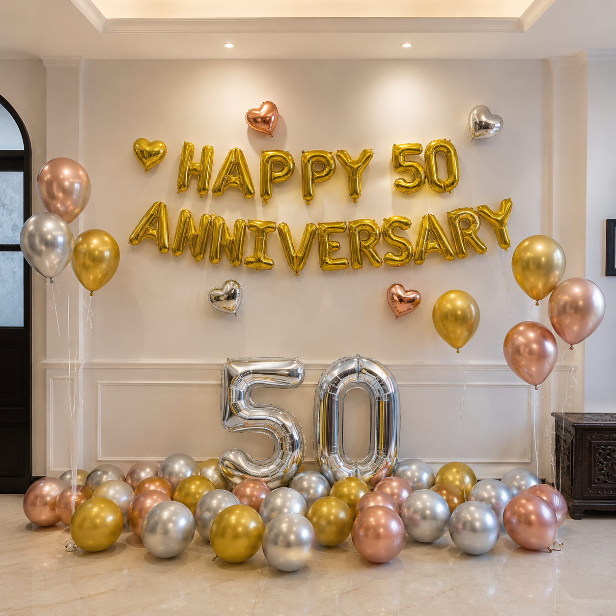Golden milestone balloon decoration with gold silver and rose gold balloons for anniversary celebration in Malaysia