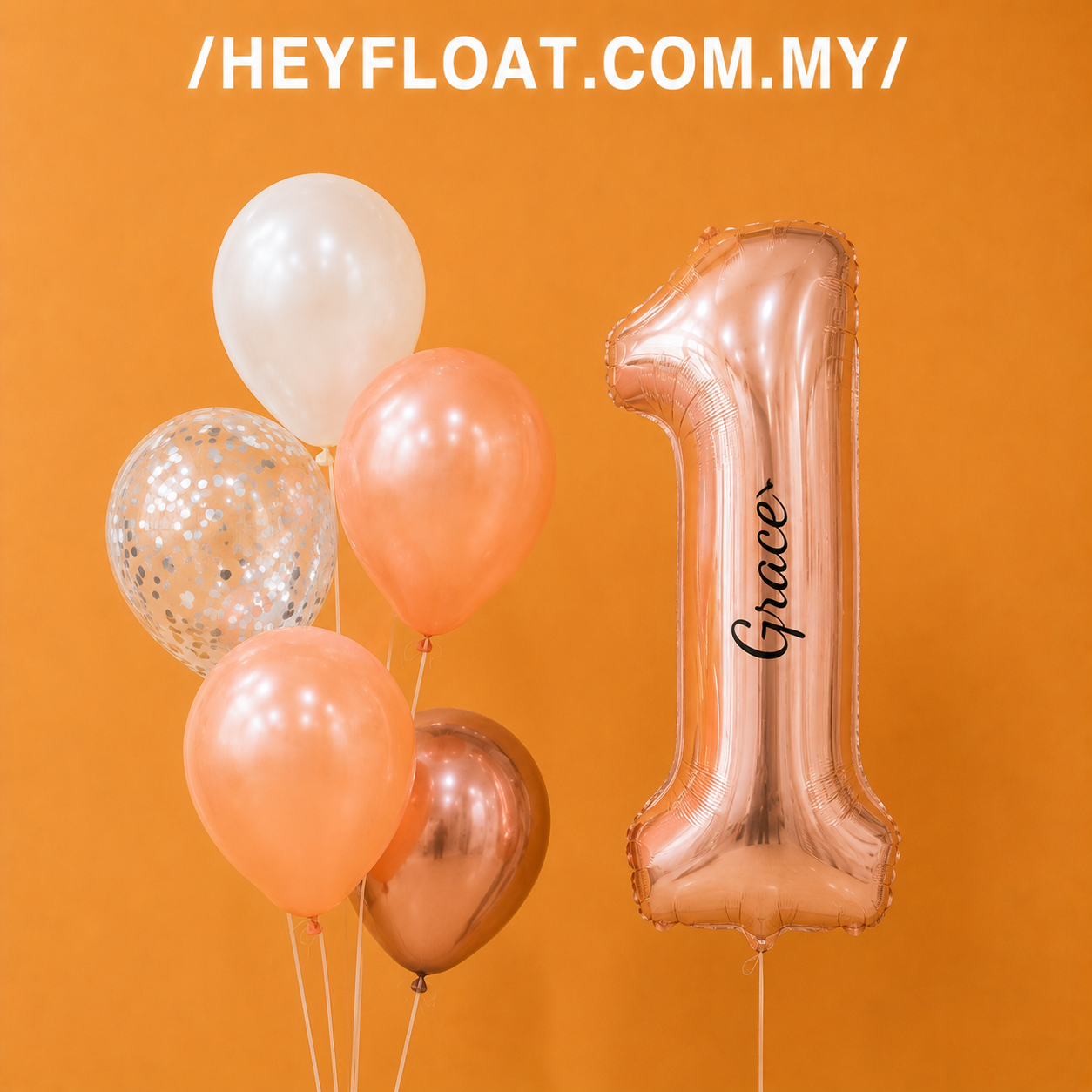 Grace number foil balloon bunch with peach and rose gold balloons In Penang, Malaysia