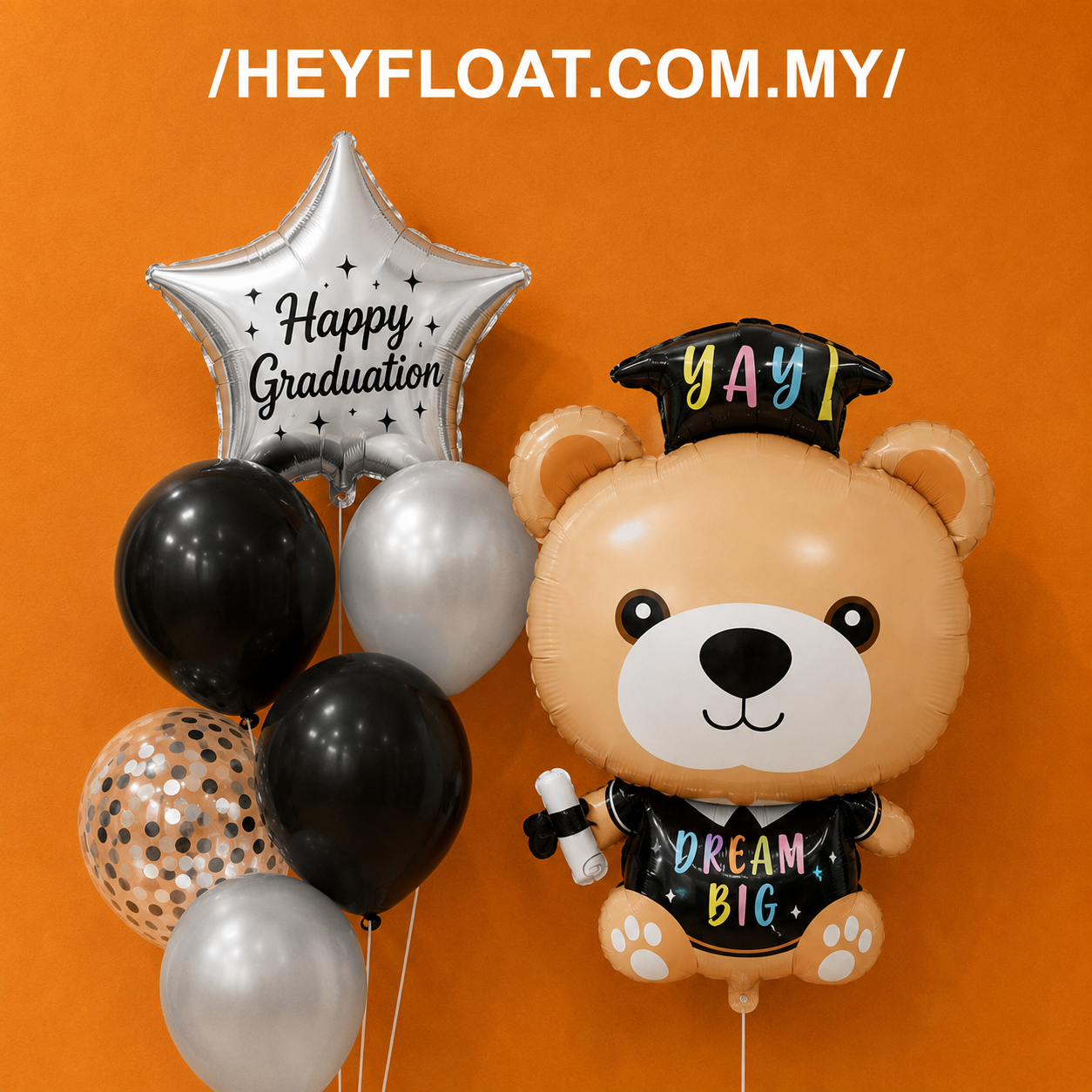 Graduation bear balloon bunch with Happy Graduation star balloon and black silver balloons in Malaysia