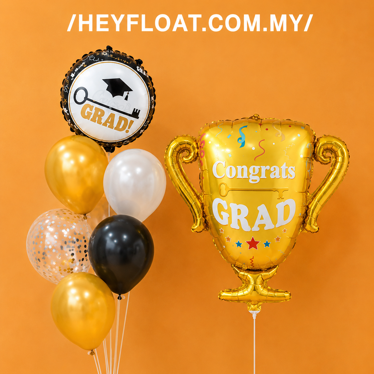 Graduation trophy balloon bunch with Congrats Grad foils, gold black and white balloons Malaysia