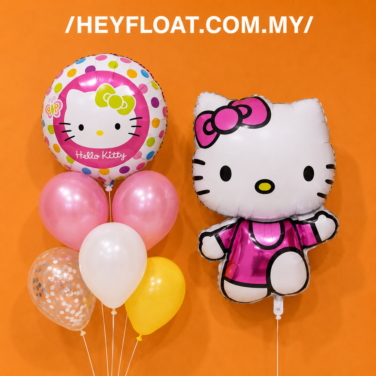 Hello Kitty balloon bunch with pink yellow white and confetti balloons in Penang Malaysia