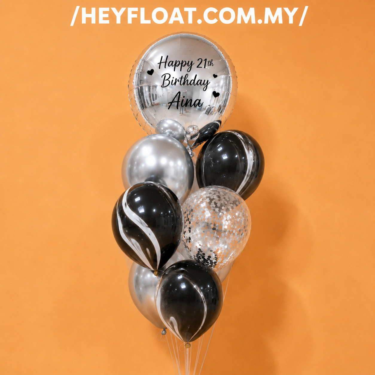 Imperial Personalised 21st Birthday Silver Black Balloon Bunch Malaysia