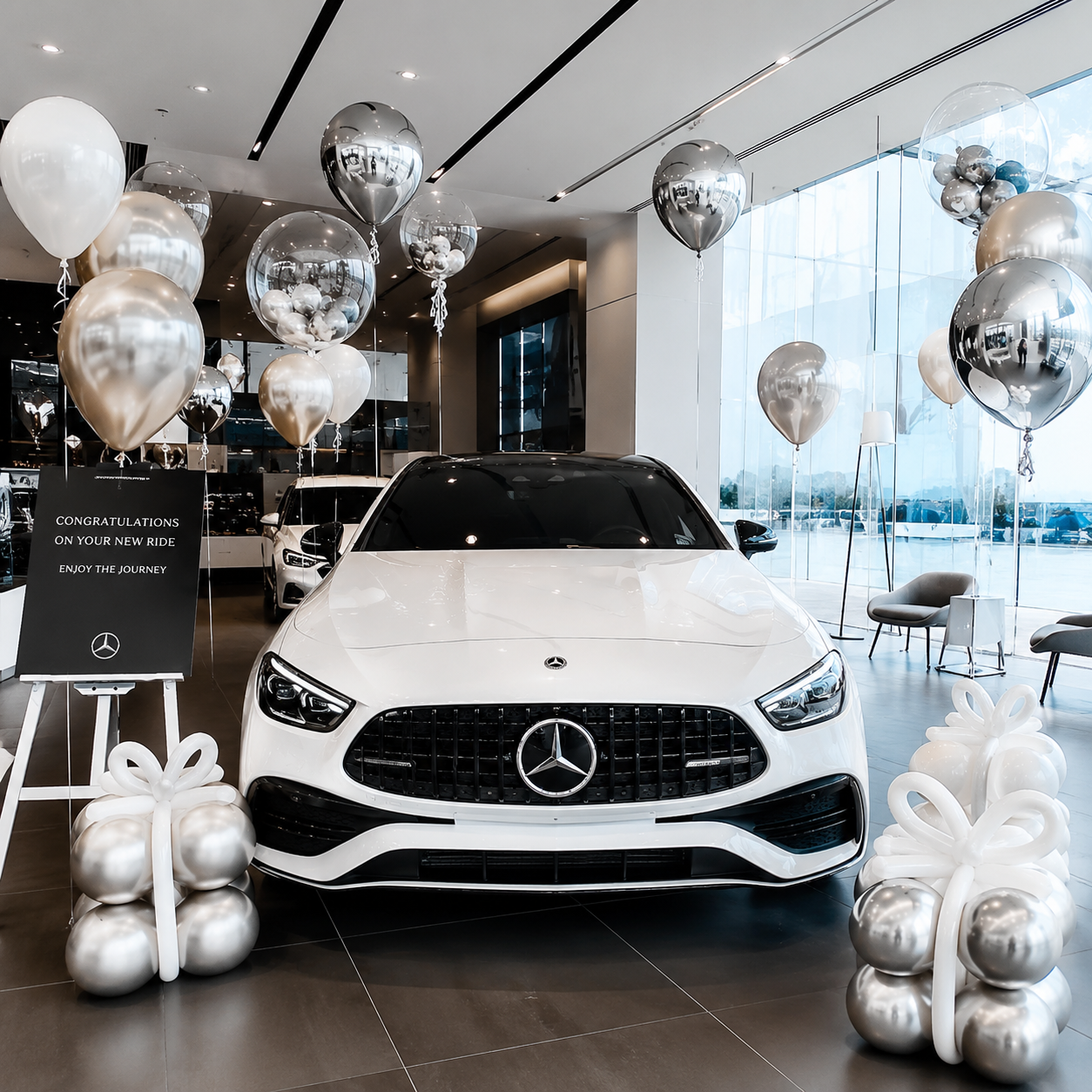 Journey With You white and silver car showroom balloon decoration Malaysia