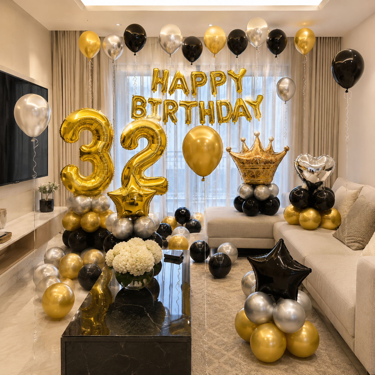 Kingsley balloon decoration package with gold black and silver balloons for birthday celebration in Malaysia