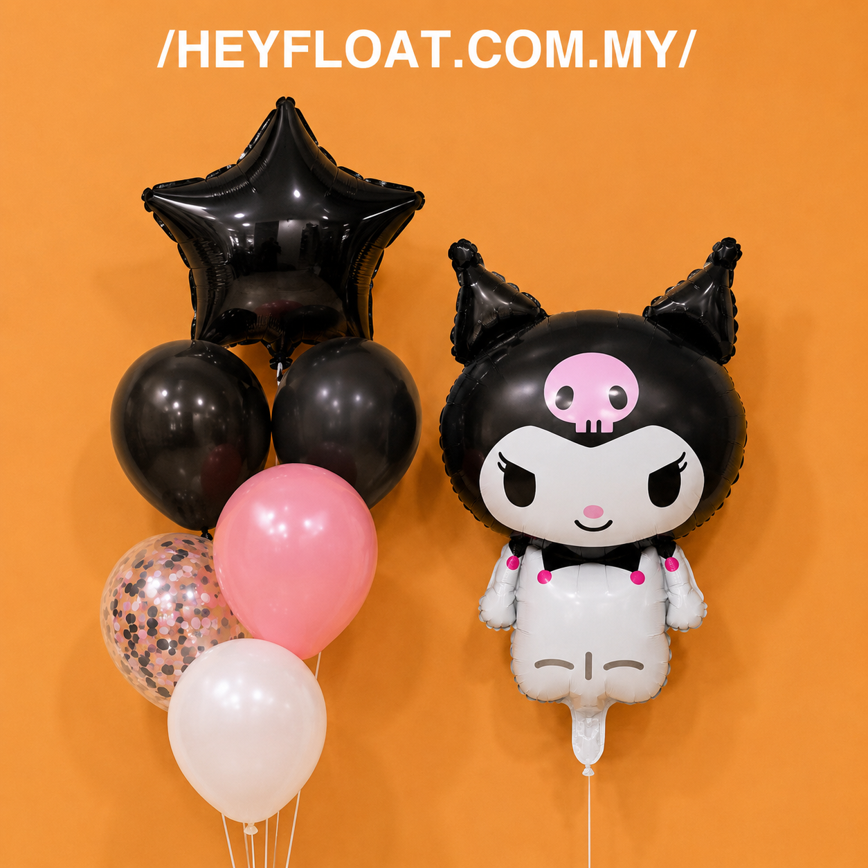 Kuromi birthday balloon bunch with black pink and white balloons in Malaysia