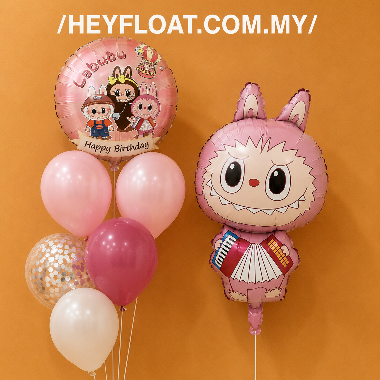 Labubu accordion character balloon bunch with pink, berry and white balloons and confetti Malaysia