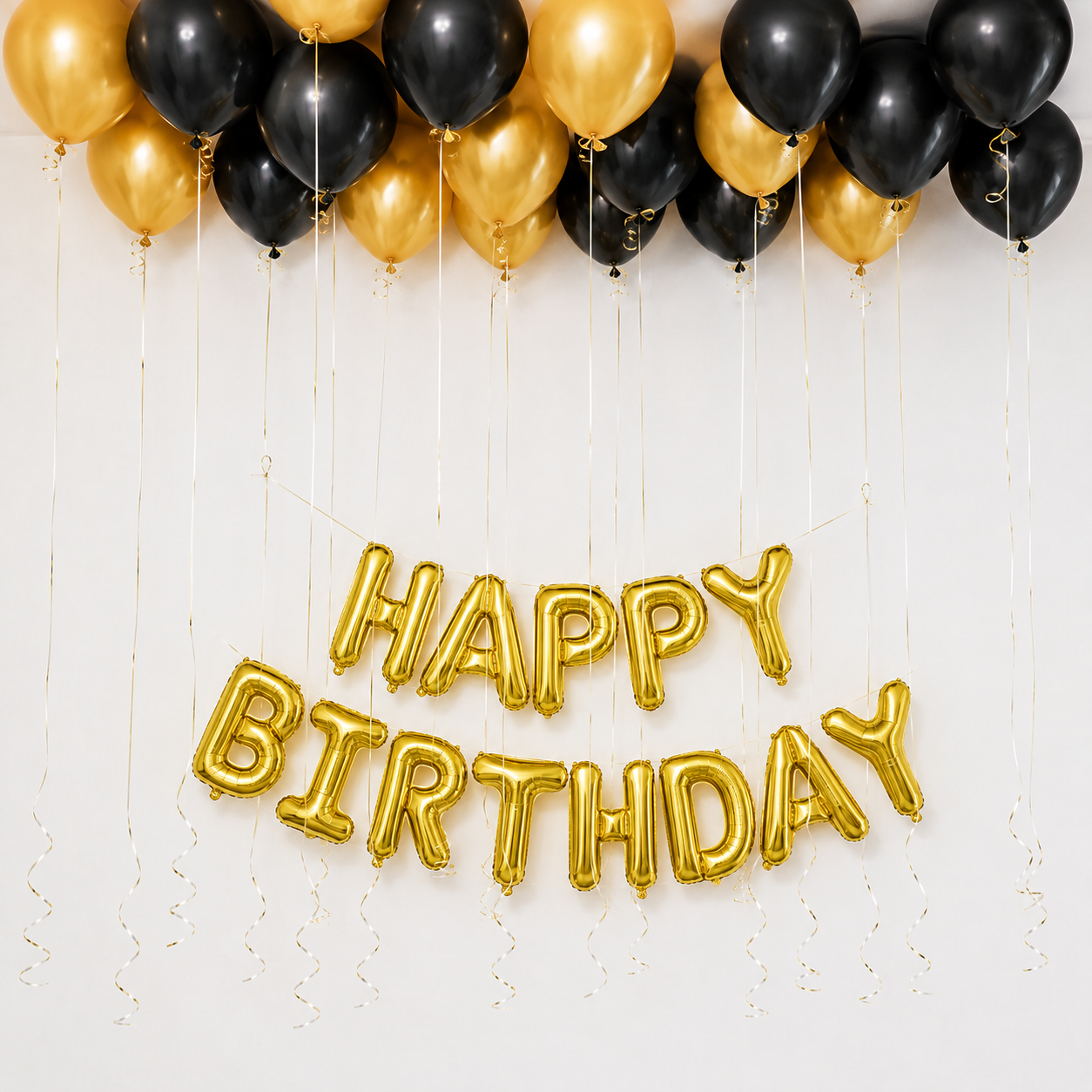Langston black and gold birthday ceiling balloon DIY package with gold HAPPY BIRTHDAY balloon letters in Malaysia