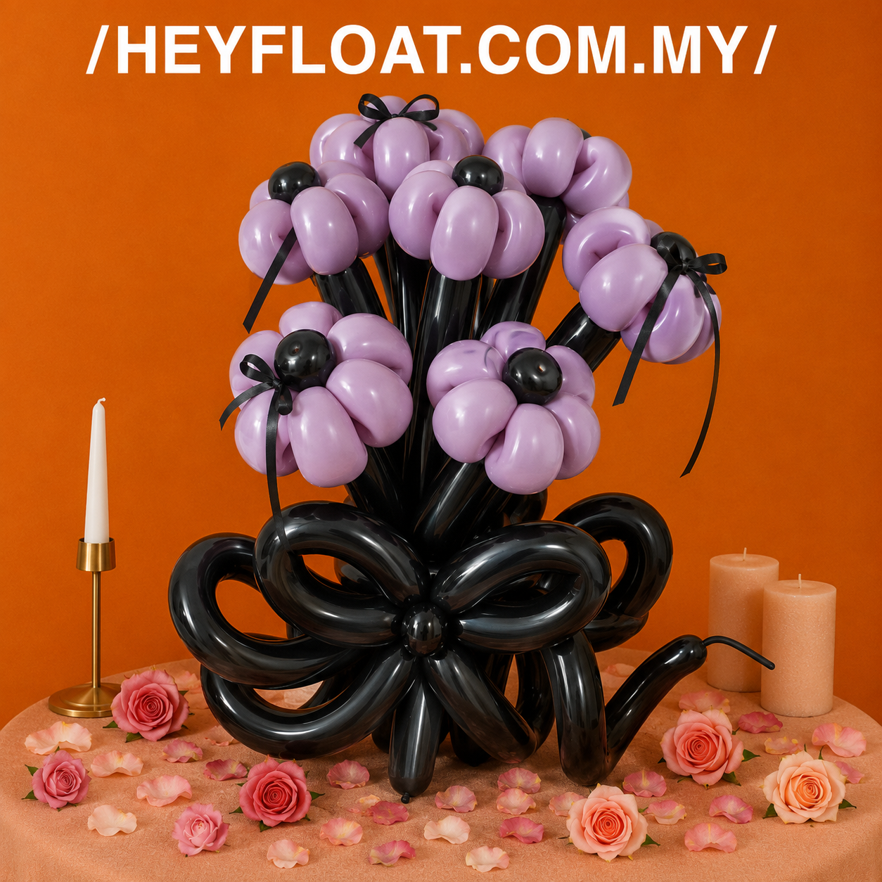 Lavender daisy balloon bouquet with black balloon accents and bow in Malaysia