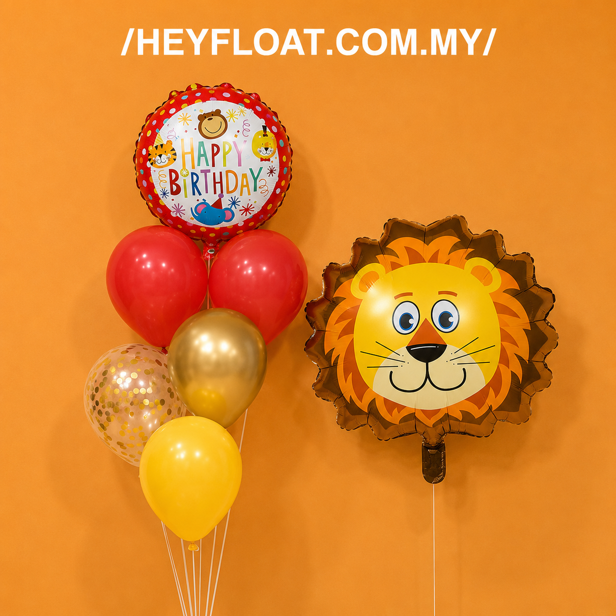 Lion birthday balloon bunch with Happy Birthday foil, red yellow and gold balloons Malaysia