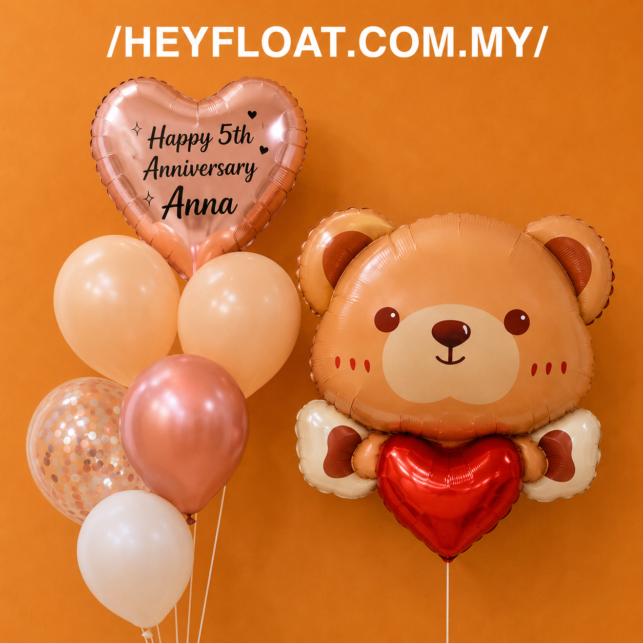 Love bear anniversary balloon bunch with personalised heart balloon in Malaysia