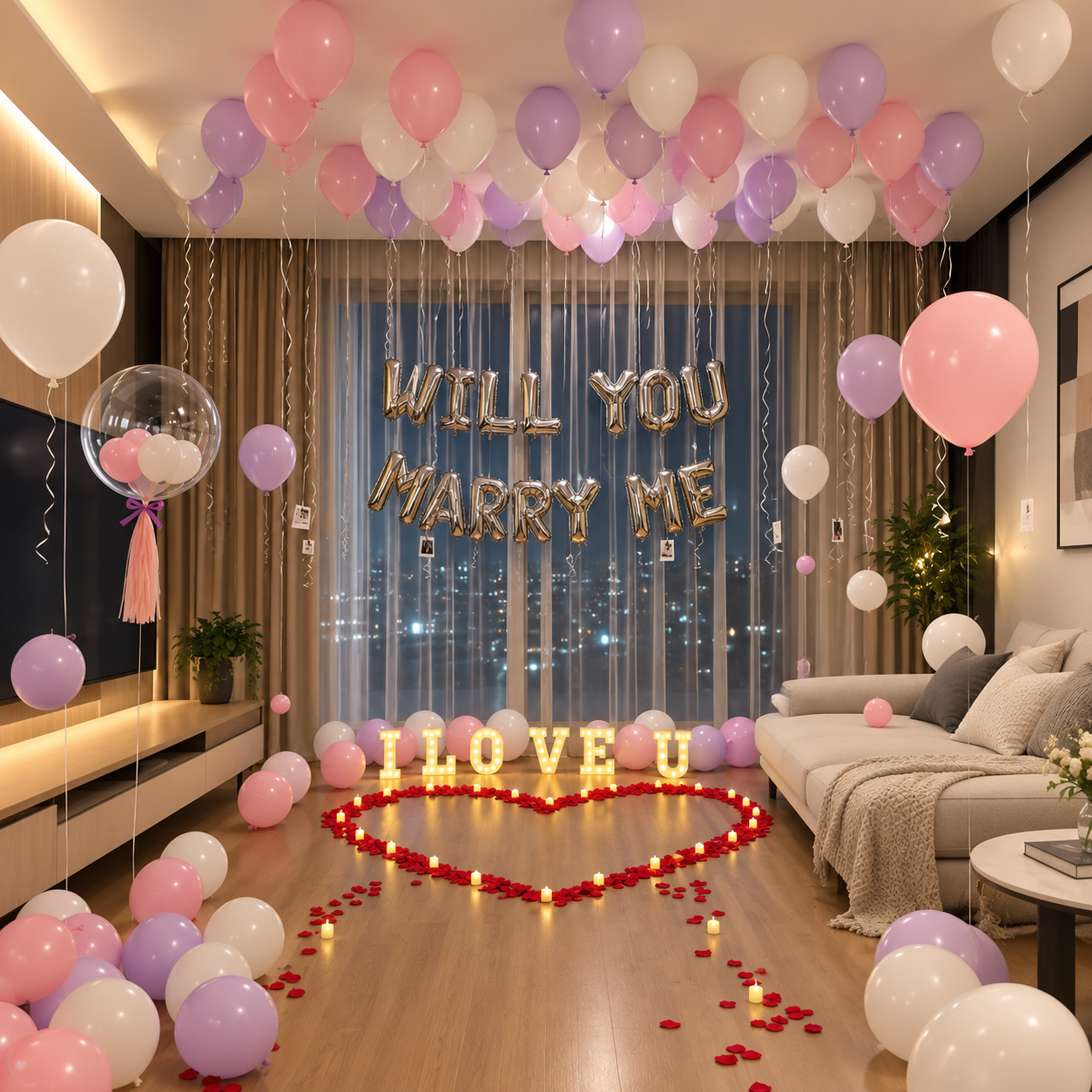 Love In Bloom marriage proposal decoration package with pastel balloons LOVE marquee and heart-shaped rose petals malaysia