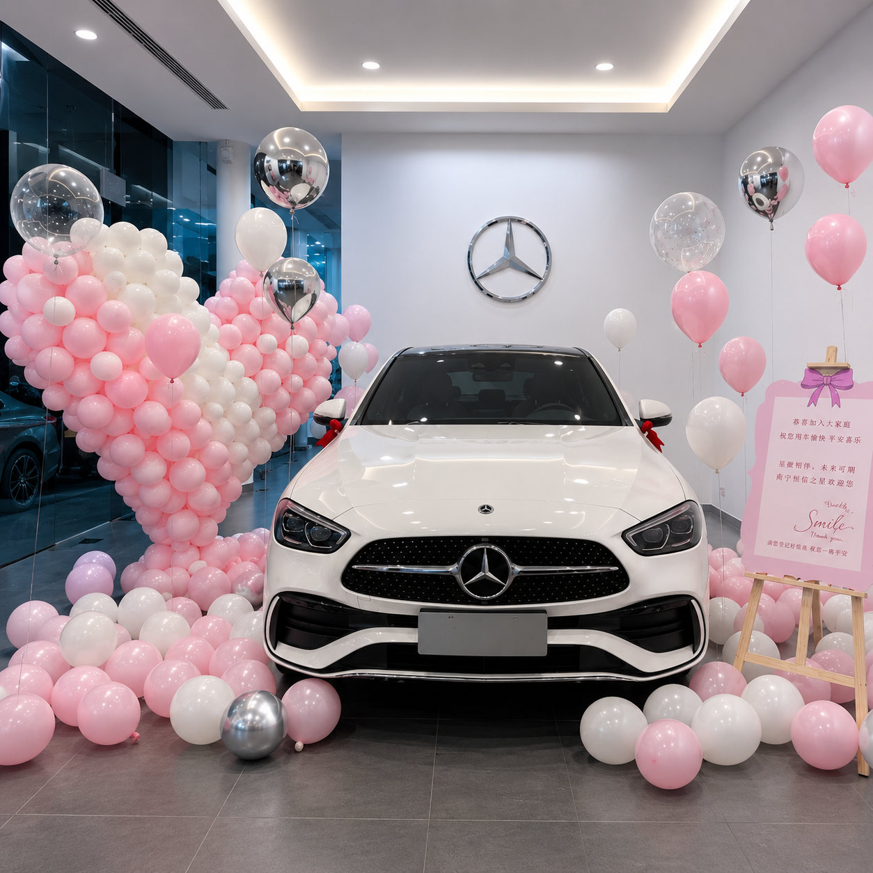 Love On The Road pink and white car showroom balloon decoration Malaysia