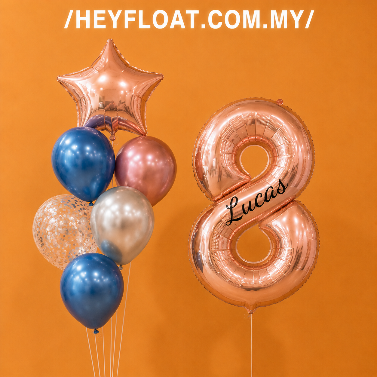 Lucas number foil balloon bunch with blue and rose gold balloons In Penang, Malaysia