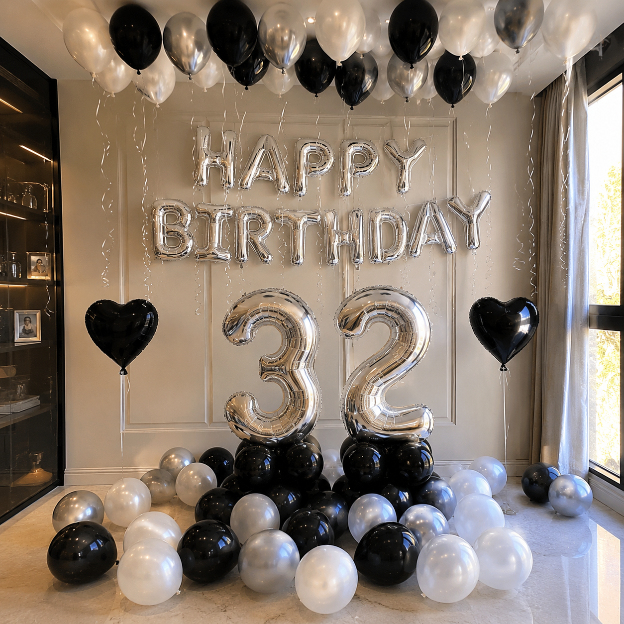 Maxwell balloon decoration package with black white and silver balloons for milestone birthday in Malaysia