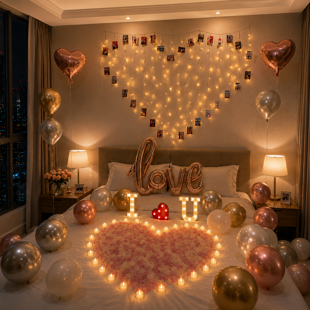 Memories Of Us marriage proposal decoration with photo memories, fairy lights and rose gold balloons in Malaysia