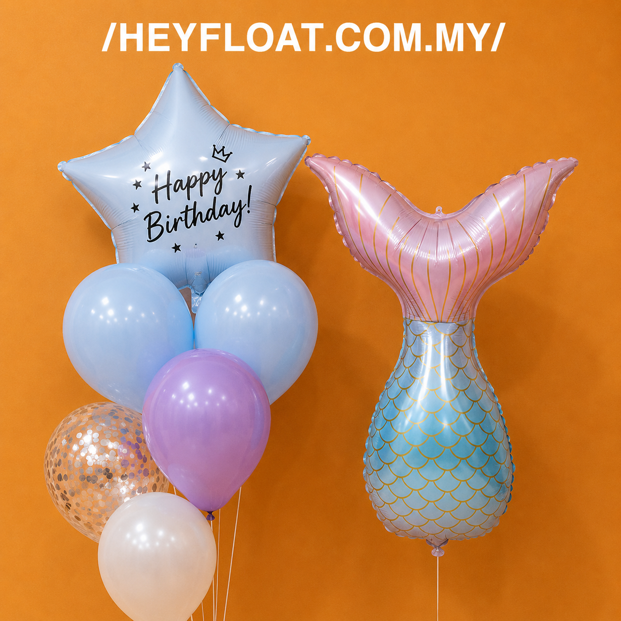 Mermaid tail birthday balloon bunch with pastel blue purple white and confetti balloons Malaysia