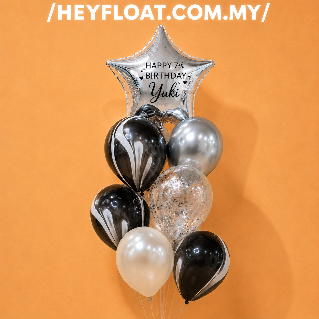 Monarch Personalised 7th Birthday Black Silver Balloon Bunch Malaysia