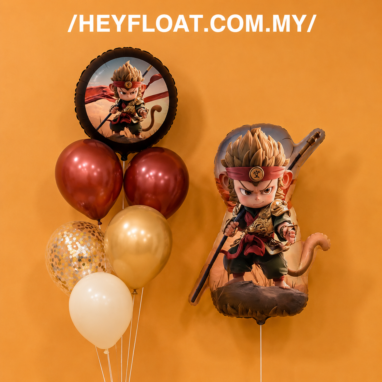 Monkey warrior birthday balloon bunch with burgundy gold and white balloons in Penang, Malaysia