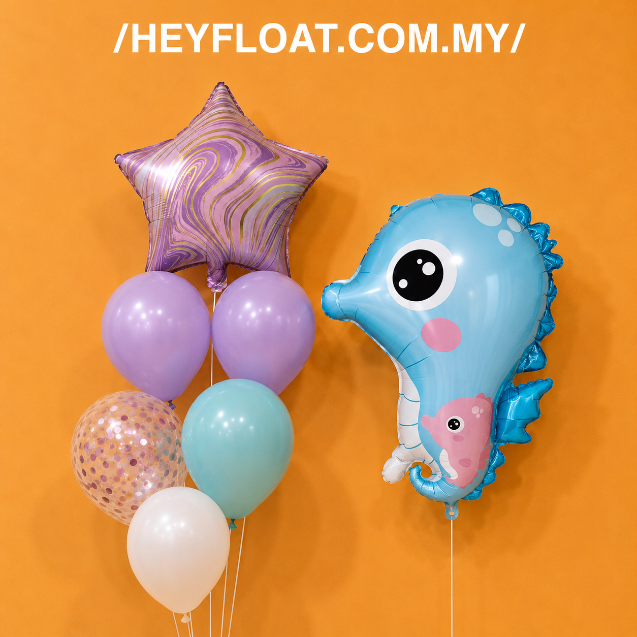 Ocean seahorse balloon bunch with pastel balloons, star foil and confetti Malaysia