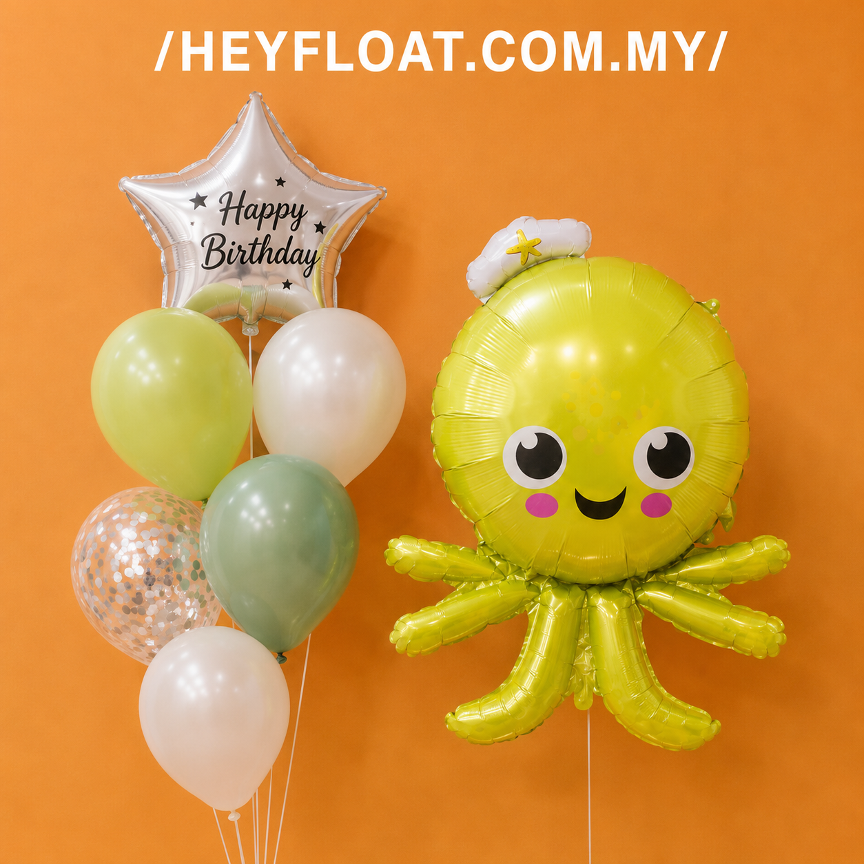 Octopus birthday balloon bunch with green white and confetti balloons Malaysia