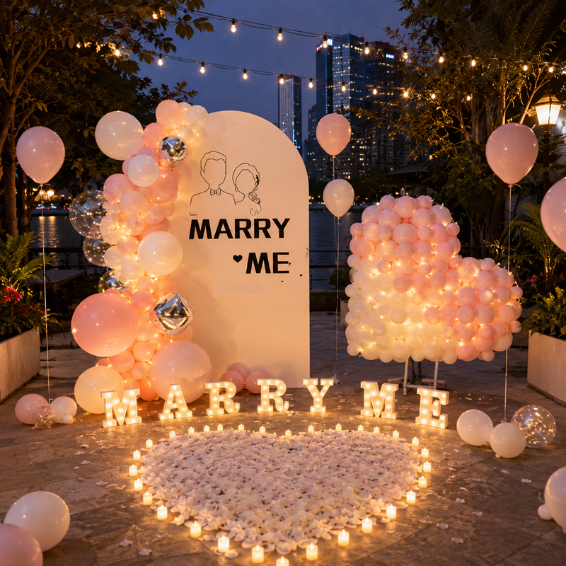 Our Forever Begins backdrop arch balloon decoration with MARRY ME lights Malaysia