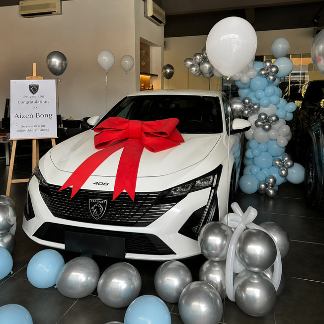 Our Next Adventure blue and silver car showroom balloon decoration Malaysia