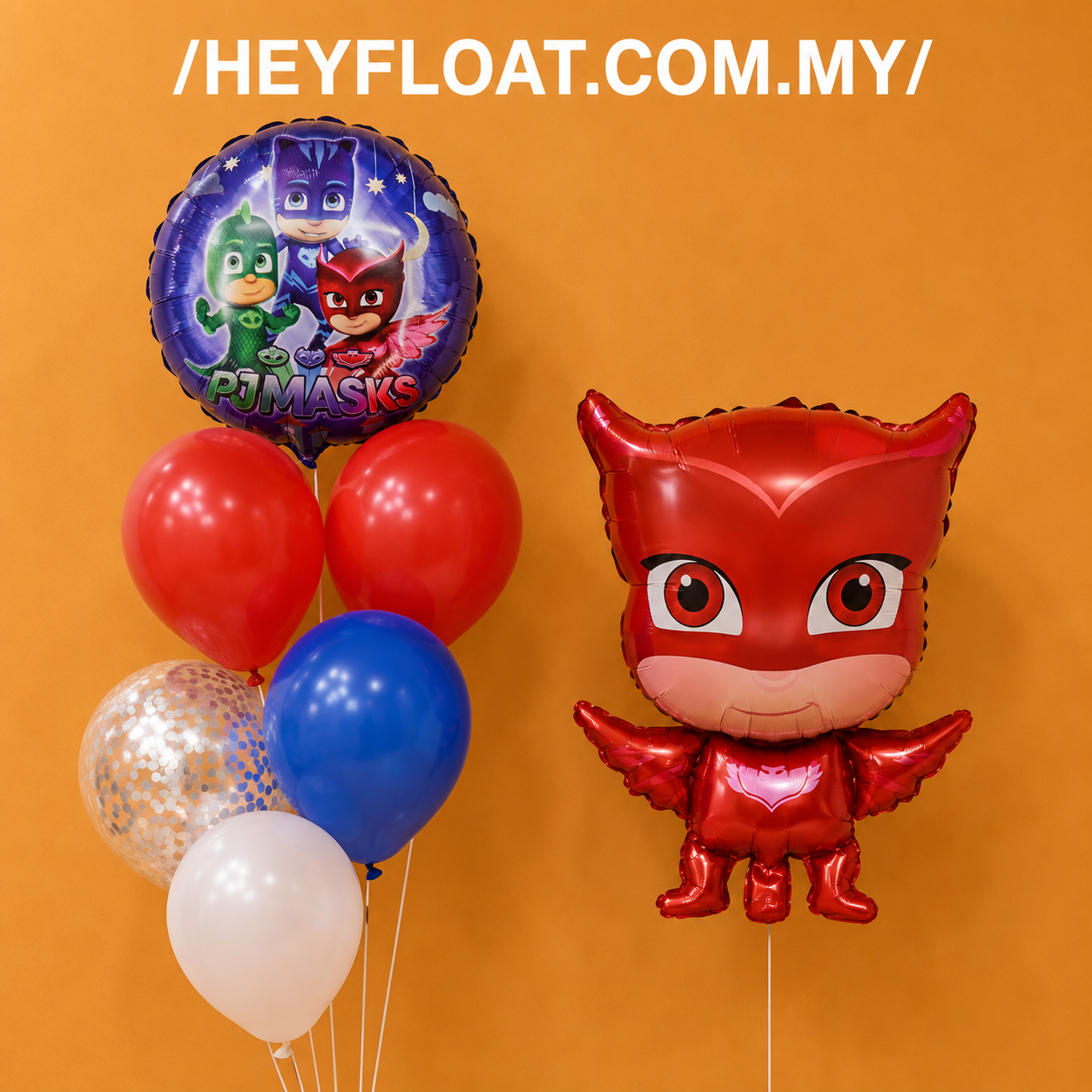 PJ Masks Owlette birthday balloon bunch with red blue white and confetti balloons Malaysia