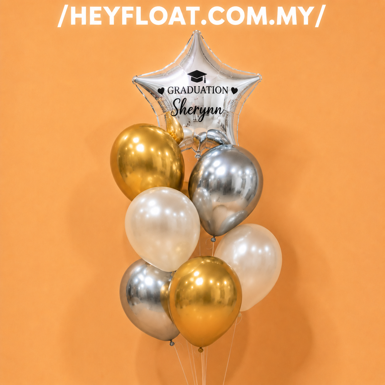 Prestige Personalised Graduation Balloon Bunch in Gold Silver and White Malaysia