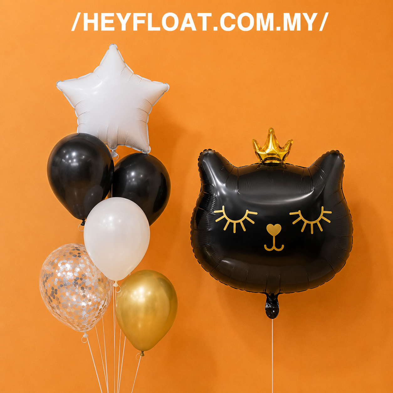 Princess black cat birthday balloon bunch with black white gold and confetti balloons Malaysia