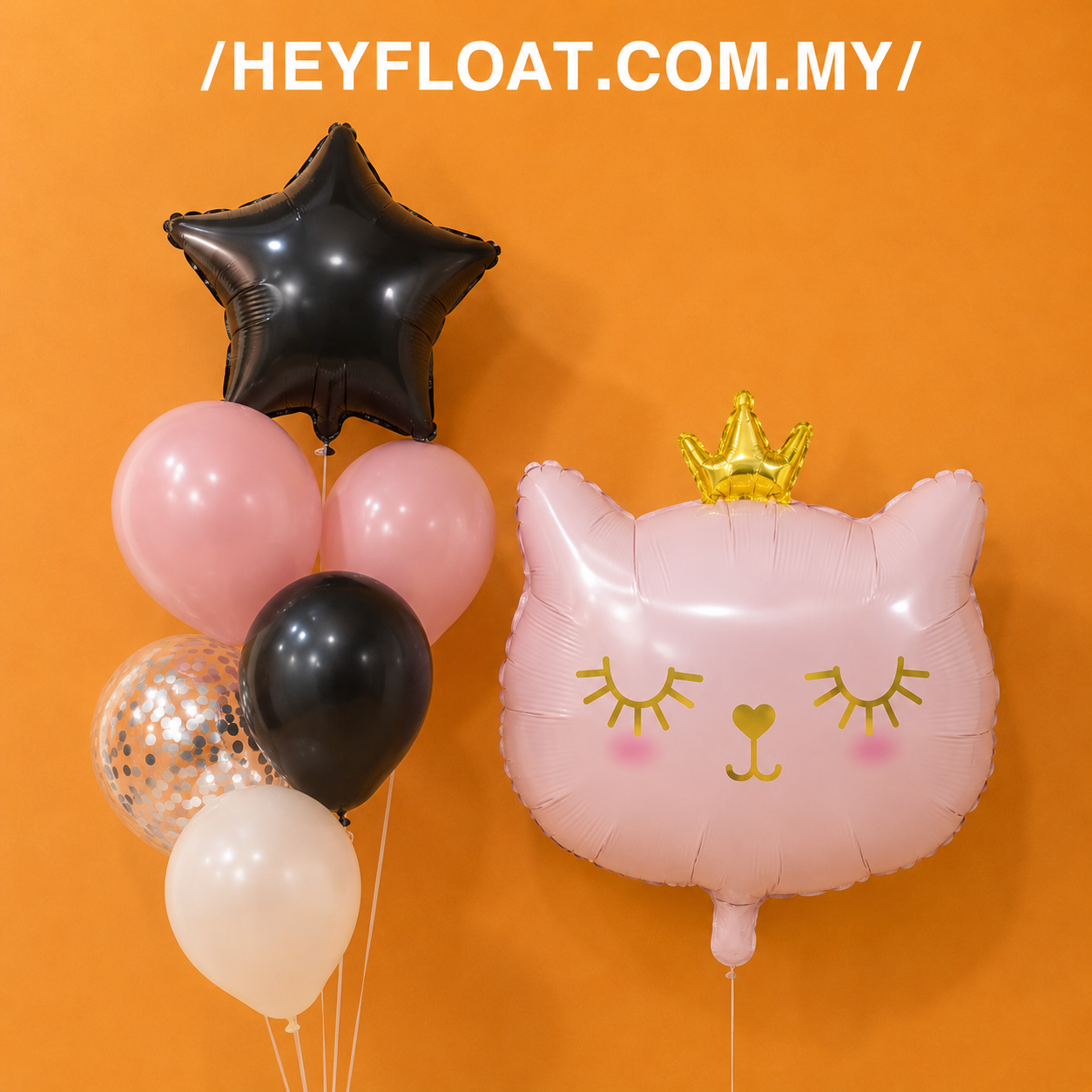 Princess white cat birthday balloon bunch with black white gold and confetti balloons Malaysia