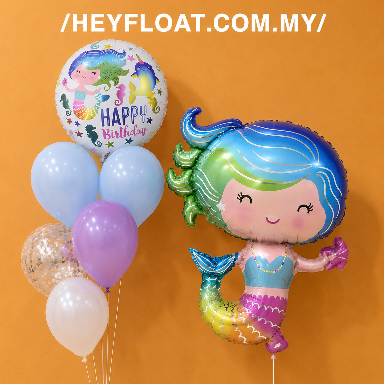 Rainbow mermaid birthday balloon bunch with pastel balloons Malaysia