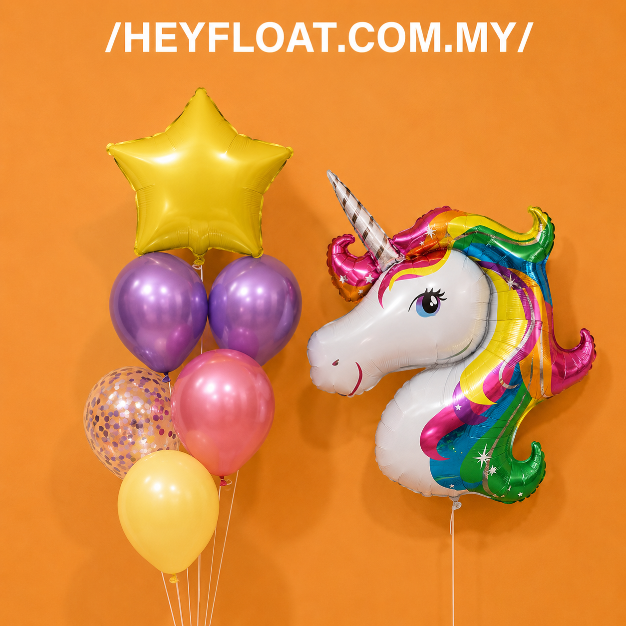 Rainbow unicorn birthday balloon bunch with purple pink yellow balloons in Malaysia