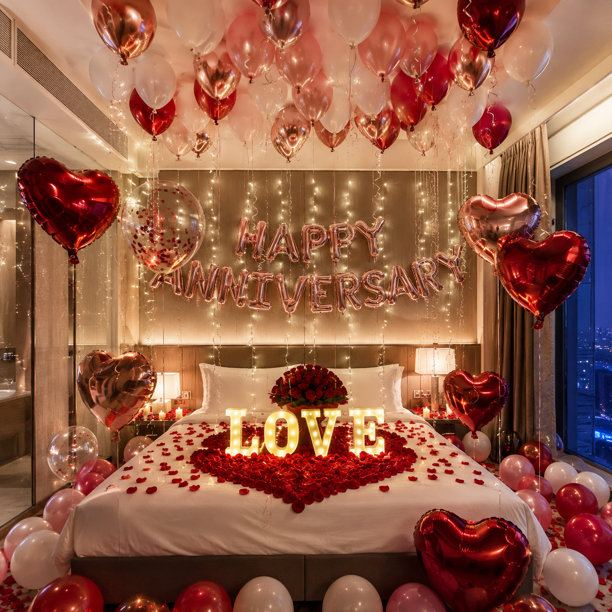 Roman Anniversary Balloon Decoration Package with Heart Balloons, Ceiling Balloons, Fairy Lights and Romantic Hotel Room Setup