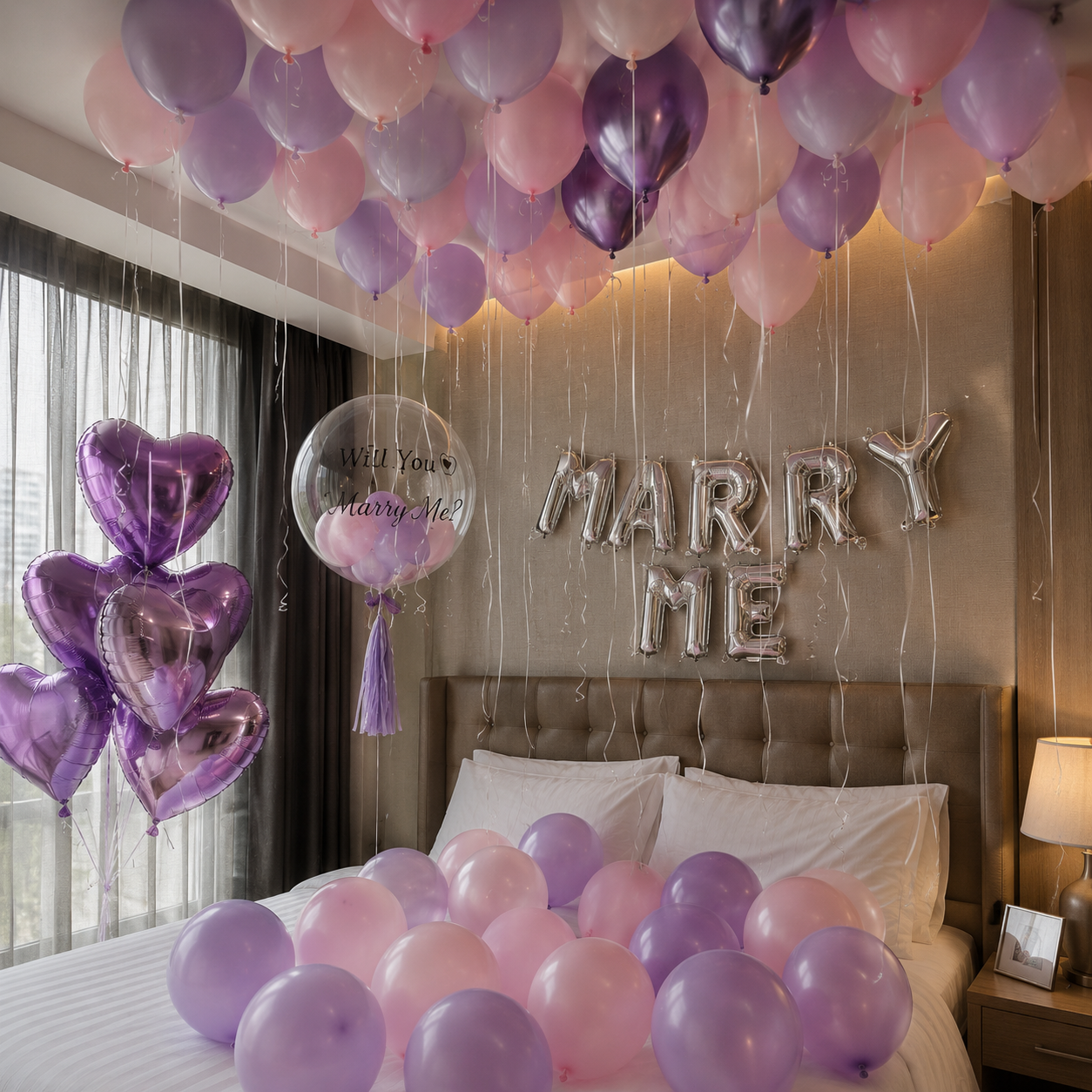 Say Yes To Me proposal balloon decoration package with pink purple balloons heart foil balloons MARRY ME letters Malaysia