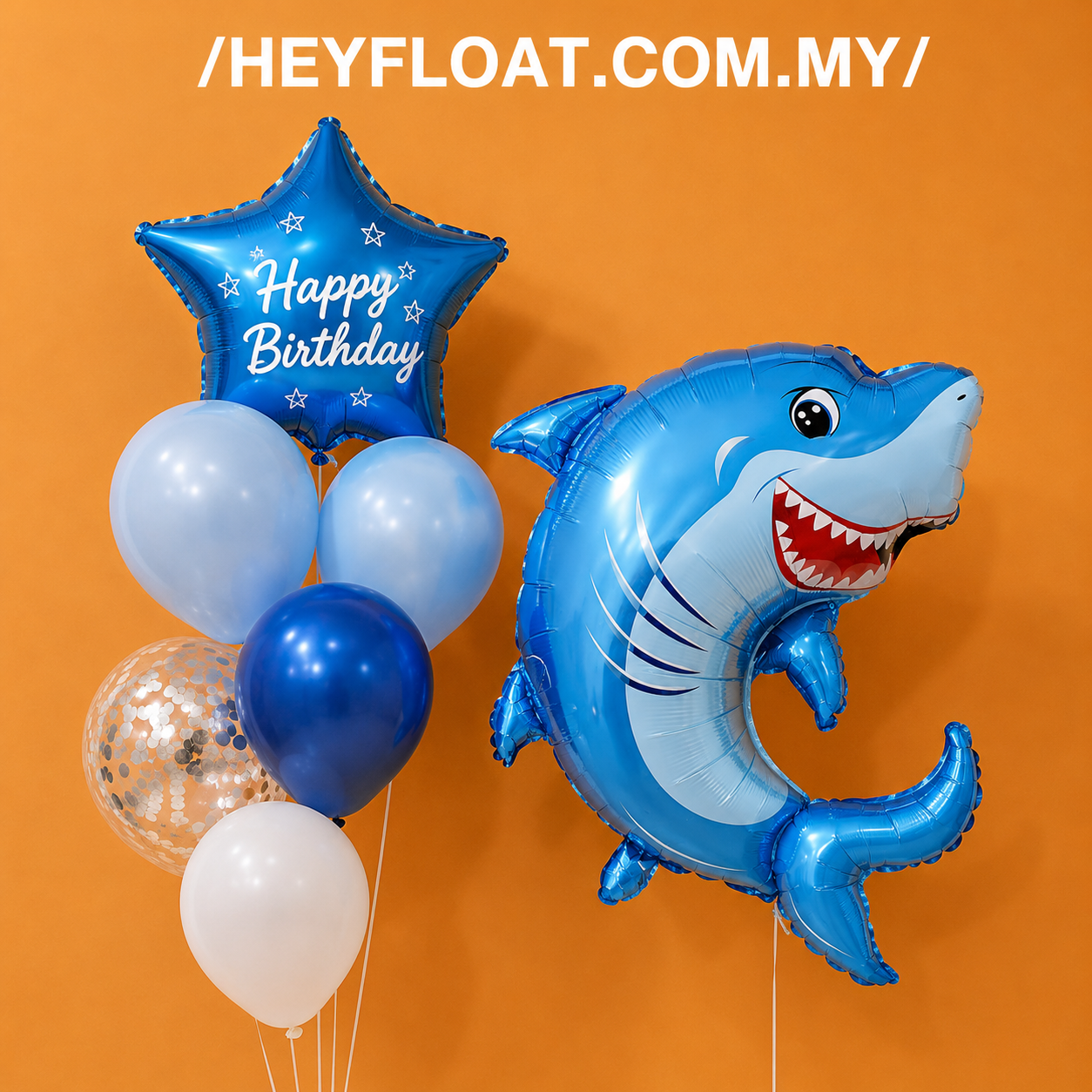 Shark birthday balloon bunch with blue white and confetti balloons Malaysia