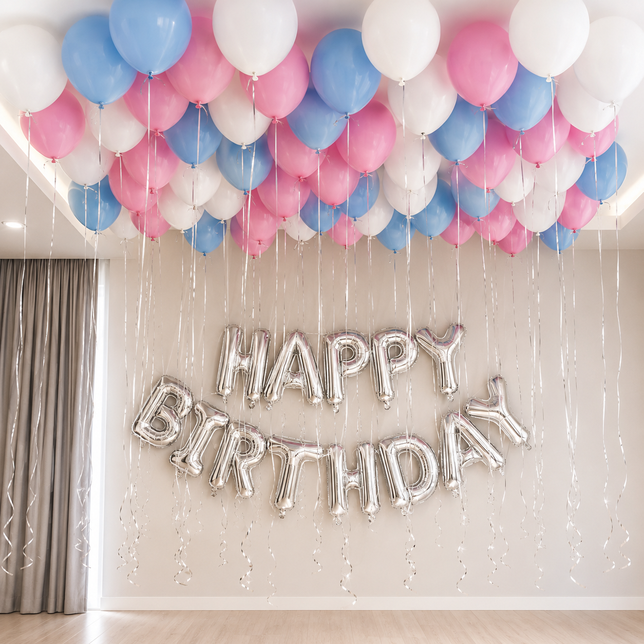 Skylar pink blue and white ceiling balloon DIY package with silver birthday balloons in Malaysia