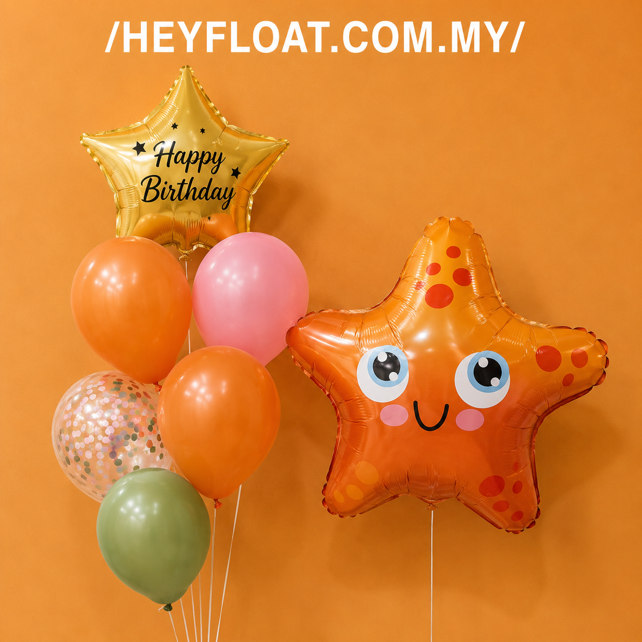 Starfish birthday balloon bunch with orange pink green and confetti balloons Malaysia