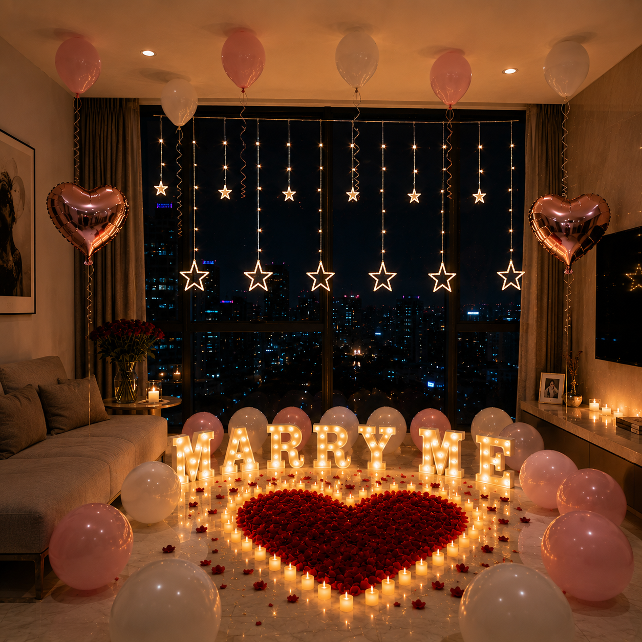 Starry Night marriage proposal decoration package with pink white balloons rose gold hearts and MARRY ME setup in Malaysia