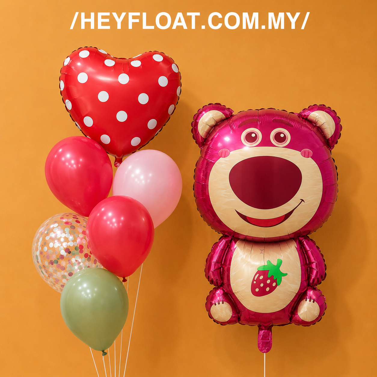 Strawberry bear balloon bunch with red heart balloon and confetti in Malaysia