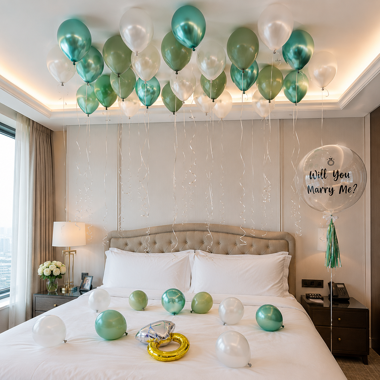 The One I Choose balloon decoration package with teal green white balloons and personalised proposal bubble balloon in Malaysia