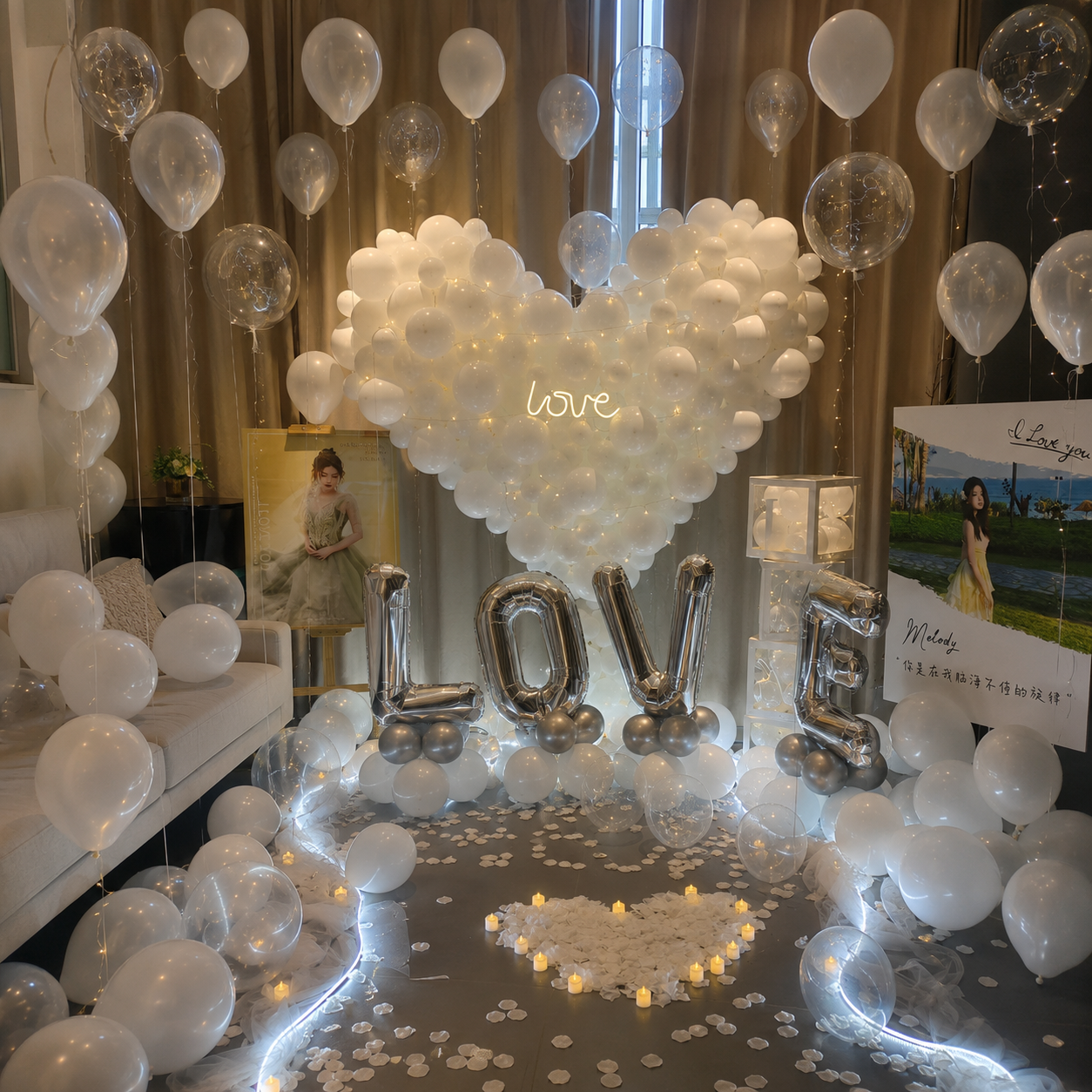 Timeless Devotion marriage proposal decoration with white balloons and LOVE letters Malaysia