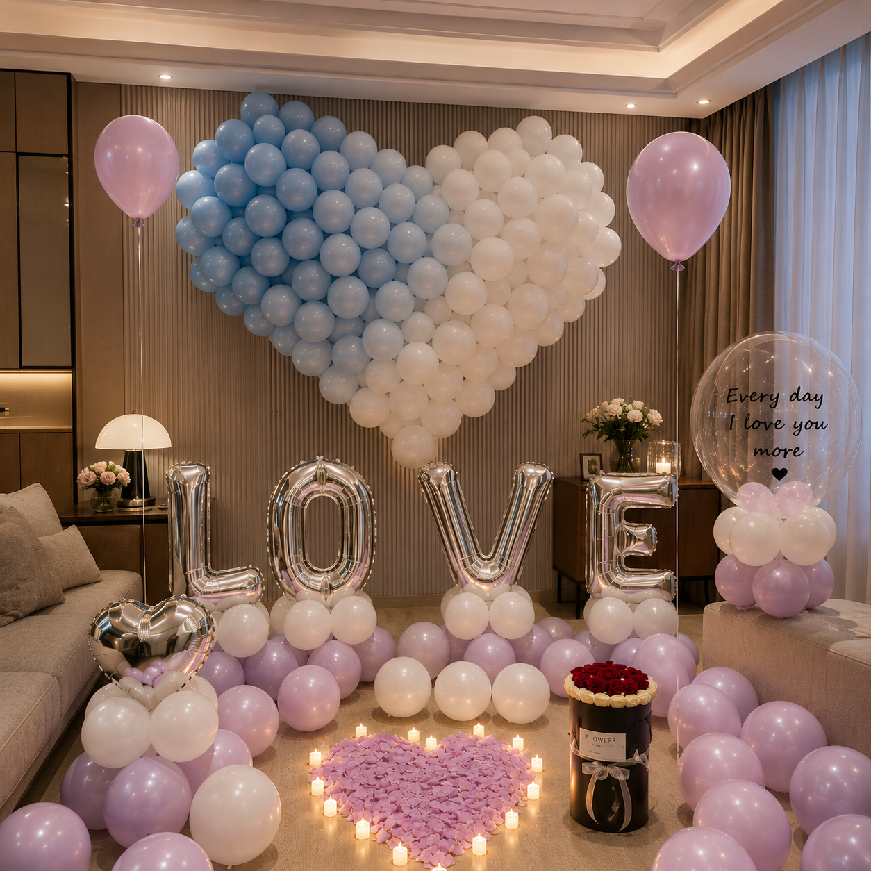 Two Hearts One Love marriage proposal decoration with heart balloon backdrop Malaysia