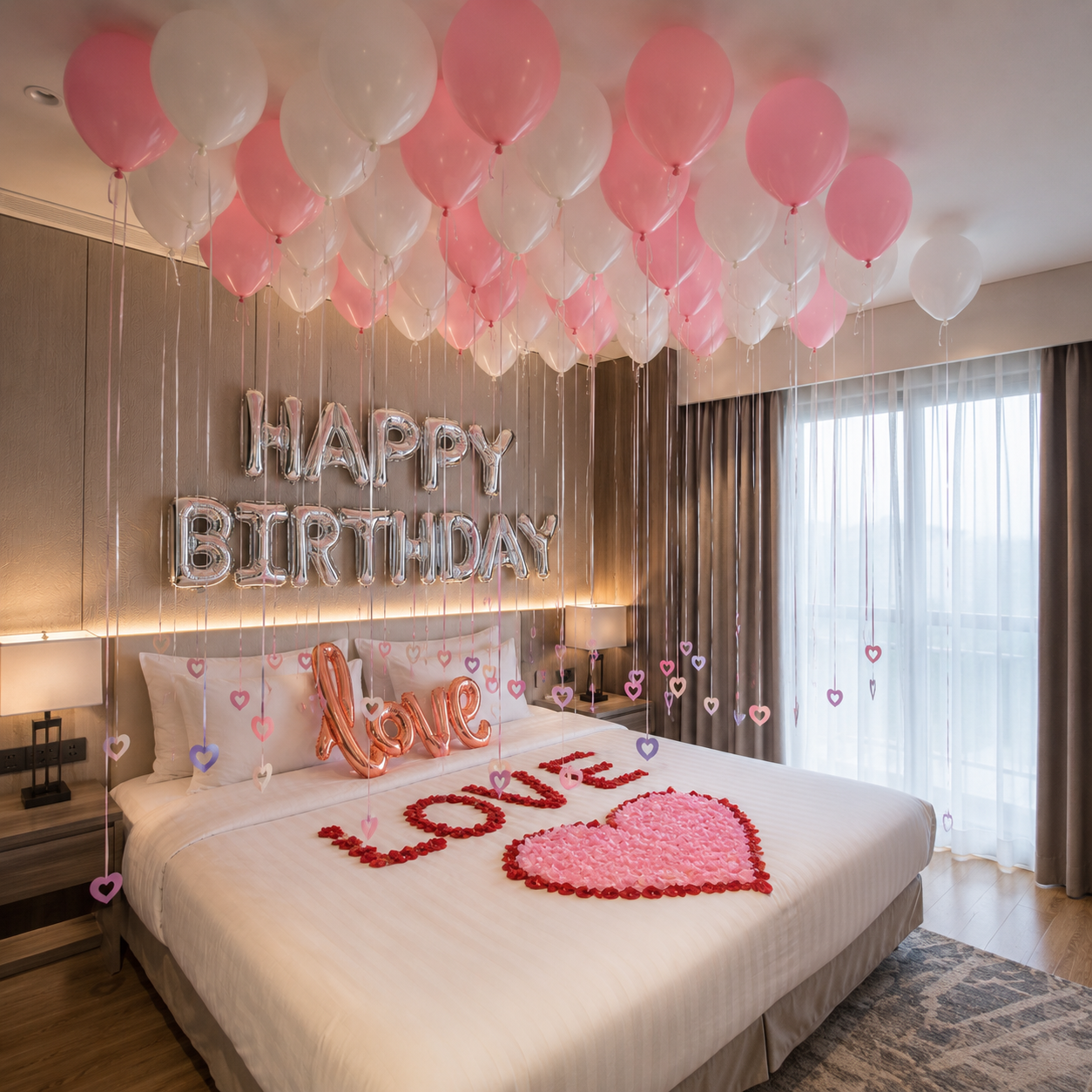 Valentina Balloon Decoration Package with Pink and White Ceiling Balloons, Happy Birthday Backdrop and Romantic Bed Decoration
