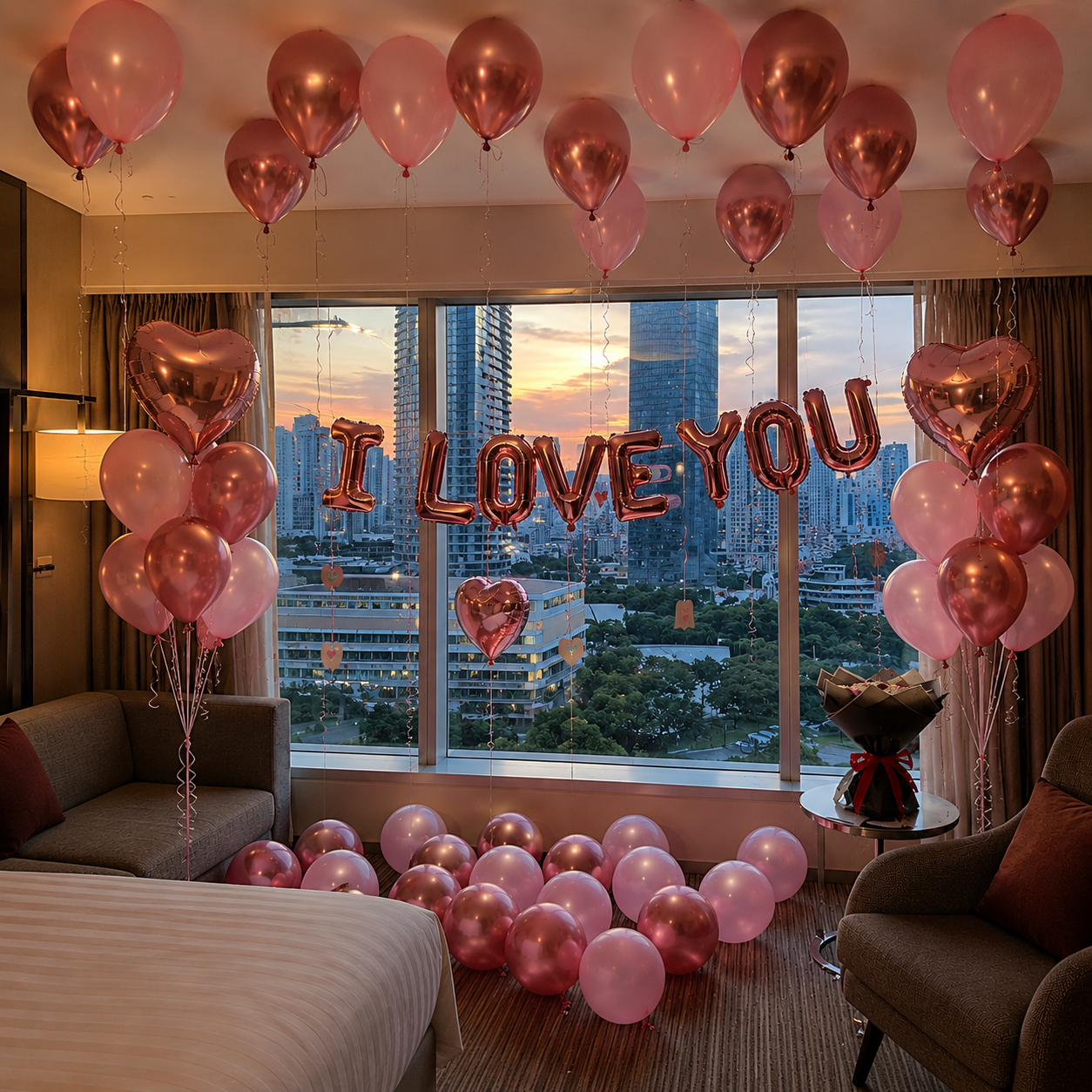 Valentine balloon decoration package with pink rose gold heart balloons and I LOVE YOU foil balloons in Malaysia