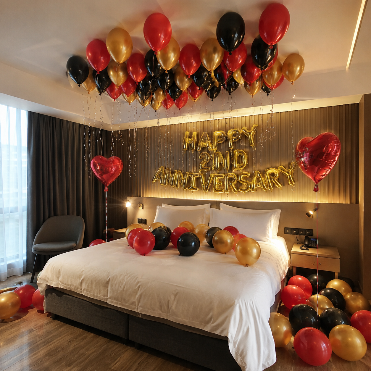 Victoria DIY Package with Red Black Gold Ceiling Balloons, Anniversary Letter Balloons and Heart Foil Balloons